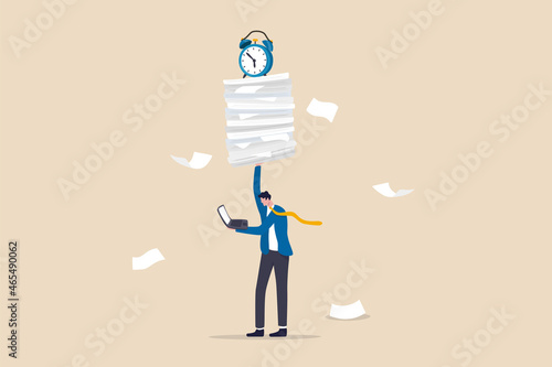 Ability to work under pressure, leadership skill to success, control stressed complete work within timeline concept, calm confident businessman working with laptop while carrying load of paperwork. photo