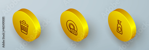 Set Isometric line Trash can, Washing dishes and Cleaning spray with detergent icon. Vector