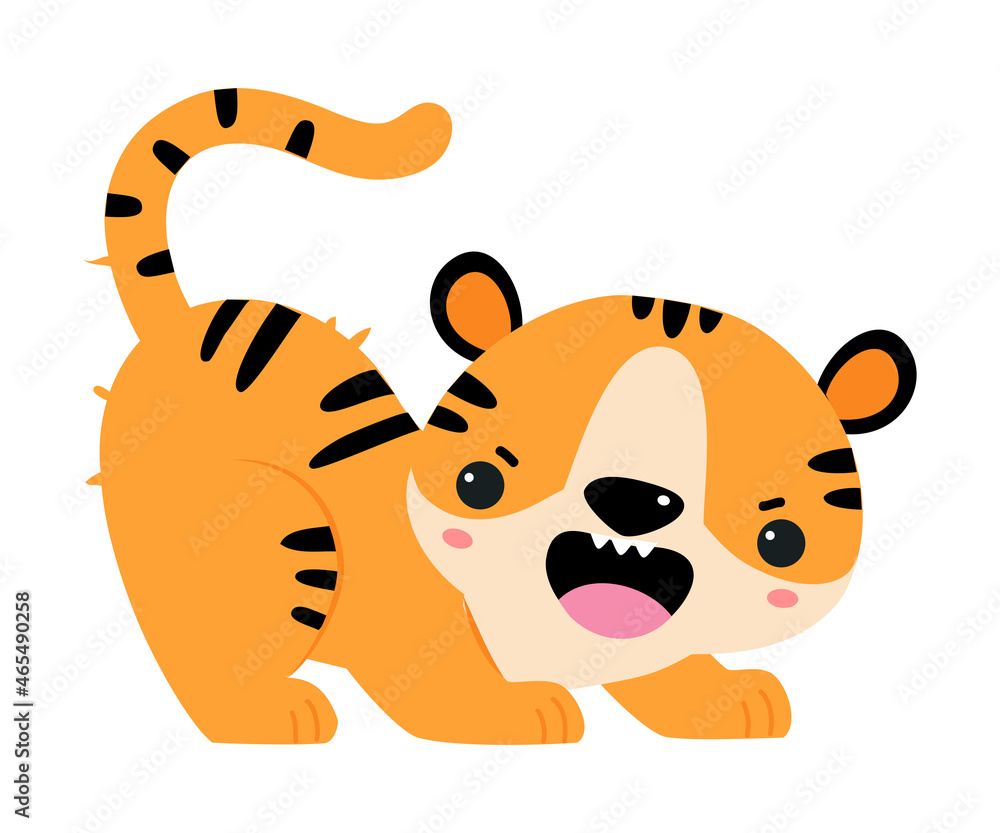 Obraz premium Cute Little Striped Tiger Cub with Orange Fur Vector Illustration