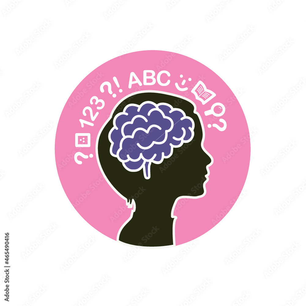 Icon of a child reflected as a shadow with his brain highlighted and his thoughts about learning something surrounded his head Icon of a child reflected as a shadow with his brain highlighted and his thoughts about learning something surrounded his head