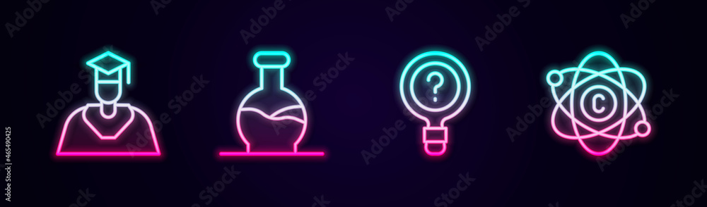 Set line Graduate and graduation cap, Test tube, Unknown search and Atom. Glowing neon icon. Vector Set line Graduate and graduation cap, Test tube, Unknown search and Atom. Glowing neon icon. Vector