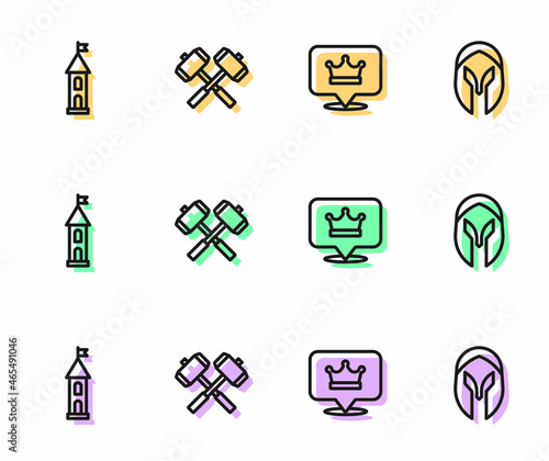 Set line King crown, Castle tower, Crossed battle hammers and Medieval helmet icon. Vector