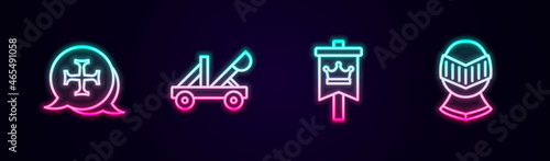 Set line Crusade, Medieval catapult, flag and helmet. Glowing neon icon. Vector