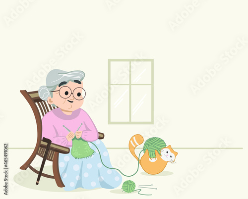 Granny weaving woolen sweater in winters. Knitting sweater on leisure chair while cat playing with the wooden yarn ball. Modern granny and cat scene. Flat colored isolated vector illustration.