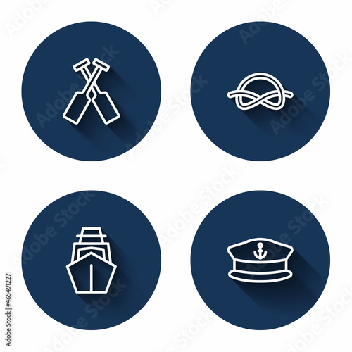 Set line Crossed oars or paddles boat, Nautical rope knots, Yacht sailboat and Captain hat with long shadow. Blue circle button. Vector