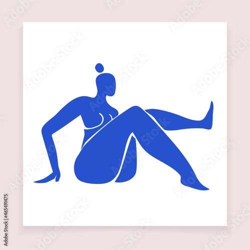A woman inspired by Matisse. Cut out female body in blue on a white background. Trendy Vector illustration of a square postcard in a minimal style.