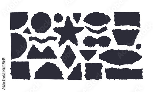 Black on white geometric shapes of paper torn. Set of torn paper of different geometric shapes isolated. Vector scraps of circle, square, star, semicircle, ellipse.