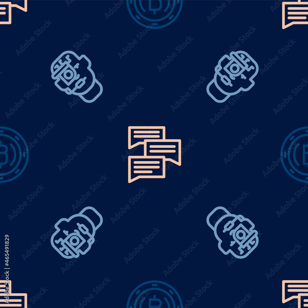 Set line Cryptocurrency coin Bitcoin, Smart glasses on spectacles and Speech bubble chat on seamless pattern. Vector Set line Cryptocurrency coin Bitcoin, Smart glasses on spectacles and Speech bubble chat on seamless pattern. Vector
