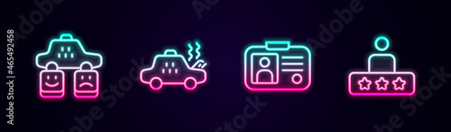 Set line Taxi service rating, Broken taxi car, driver license and . Glowing neon icon. Vector