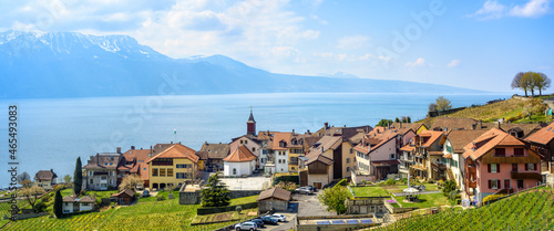 Chexbres village on Lake Geneva in Lavaux vineyard terrace region, Lausanne, Switzerland photo
