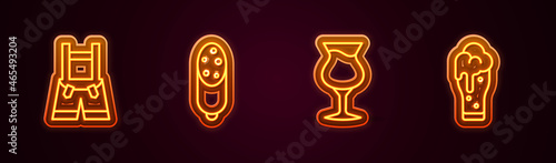 Set line Lederhosen, Salami sausage, Glass of beer and . Glowing neon icon. Vector