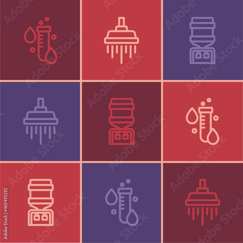 Set line Test tube with water drop, Water cooler and Shower icon. Vector