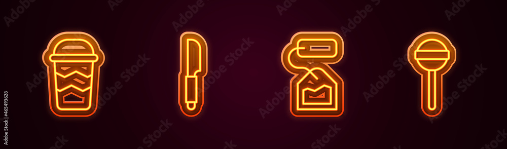 Set line Coffee cup to go, Knife, Tea bag and Lollipop. Glowing neon icon. Vector Set line Coffee cup to go, Knife, Tea bag and Lollipop. Glowing neon icon. Vector