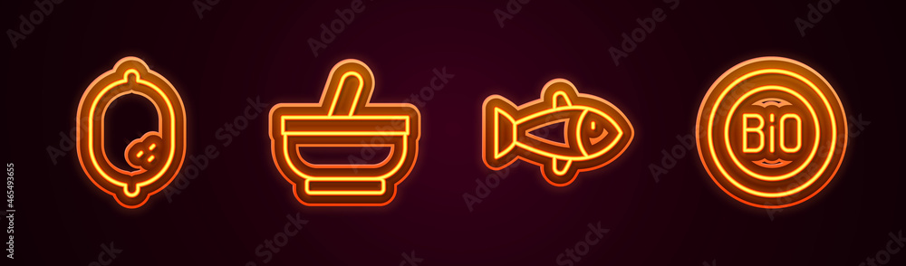 Set line Lemon, Mortar and pestle, Fish and Banner for bio. Glowing neon icon. Vector Set line Lemon, Mortar and pestle, Fish and Banner for bio. Glowing neon icon. Vector
