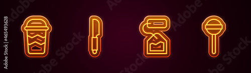 Set line Coffee cup to go, Knife, Tea bag and Lollipop. Glowing neon icon. Vector