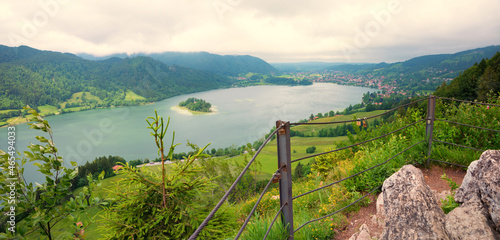 lookout point Hohenwaldeck, view to lake Schliersee and island photo