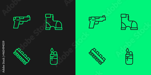 Set line Lighter, Hunting cartridge belt, Pistol or gun and Hunter boots icon. Vector