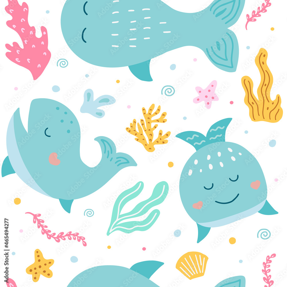 Obraz premium Vector hand-drawn colored childish seamless repeating simple flat pattern with whales