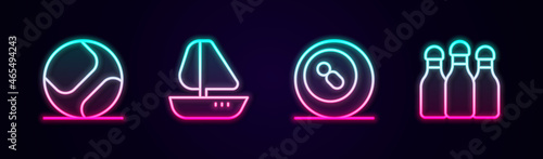 Set line Baseball ball  Yacht sailboat  Billiard pool snooker and Bowling pin. Glowing neon icon. Vector