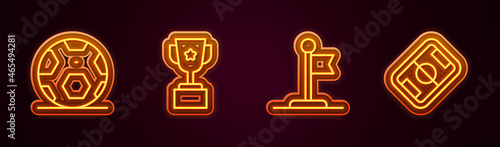 Set line Soccer football ball, Award cup, Flag and Football field. Glowing neon icon. Vector