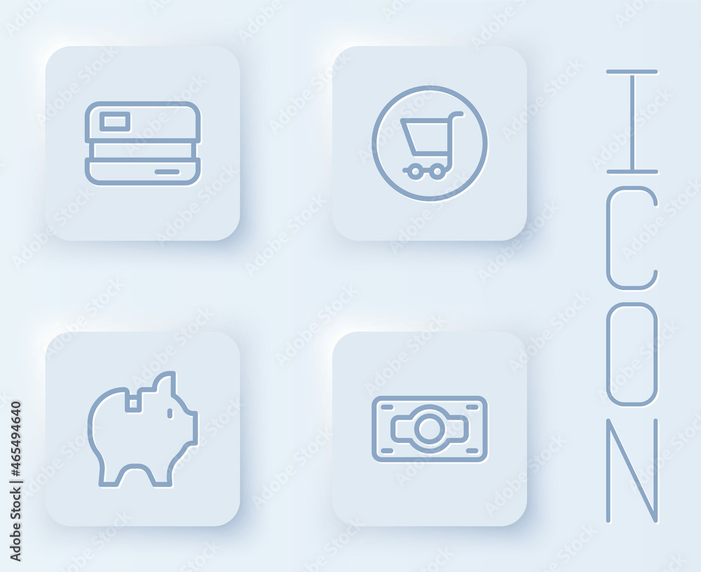 Set line Credit card, Shopping cart, Piggy bank and Stacks paper money cash. White square button. Vector Set line Credit card, Shopping cart, Piggy bank and Stacks paper money cash. White square button. Vector
