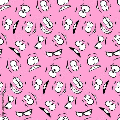 Smiley faces positive seamless pattern on pink background. Funny facial expressions emoticons pattern. Flat design.