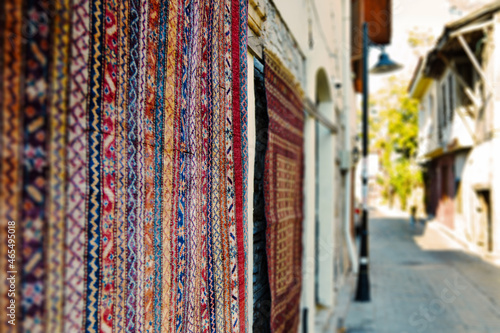 Handmade Carpets Displayed on the Street of ancient town in Antalya
