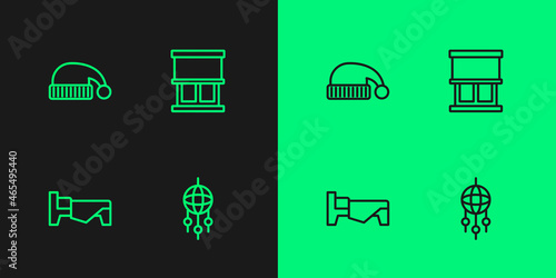 Set line Dream catcher with feathers, Bed, Sleeping hat and Window curtains icon. Vector