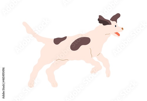 Happy cute dog running with joy. Friendly doggy walking with tail up. Joyful pet. Adorable canine animal. Flat vector illustration isolated on white background