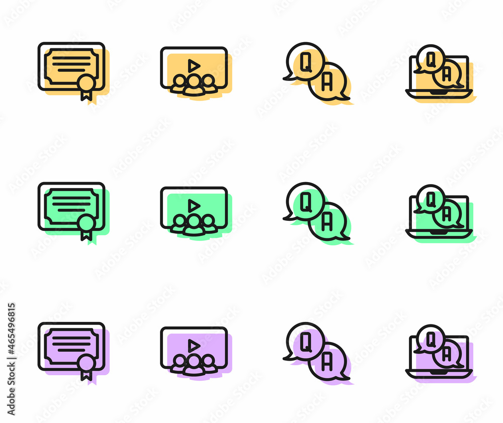 Set line Question and Answer, Certificate template, Online class and icon. Vector Set line Question and Answer, Certificate template, Online class and icon. Vector