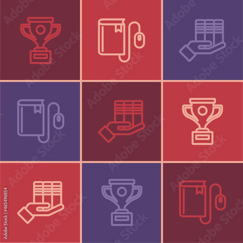 Set line Award cup, Book donation and Electronic book with mouse icon. Vector