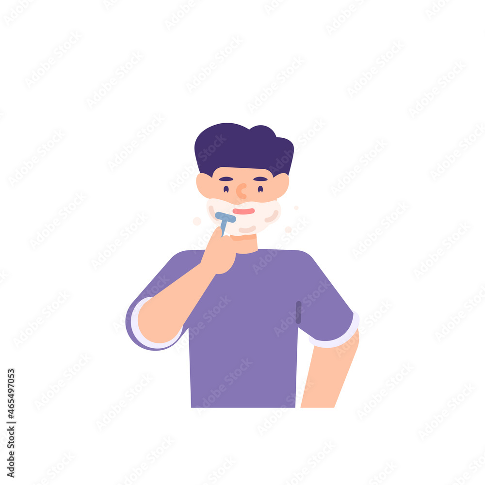 illustration of a man doing shaving his beard. using a shaver and shaving foam. people activity. flat cartoon style. vector design