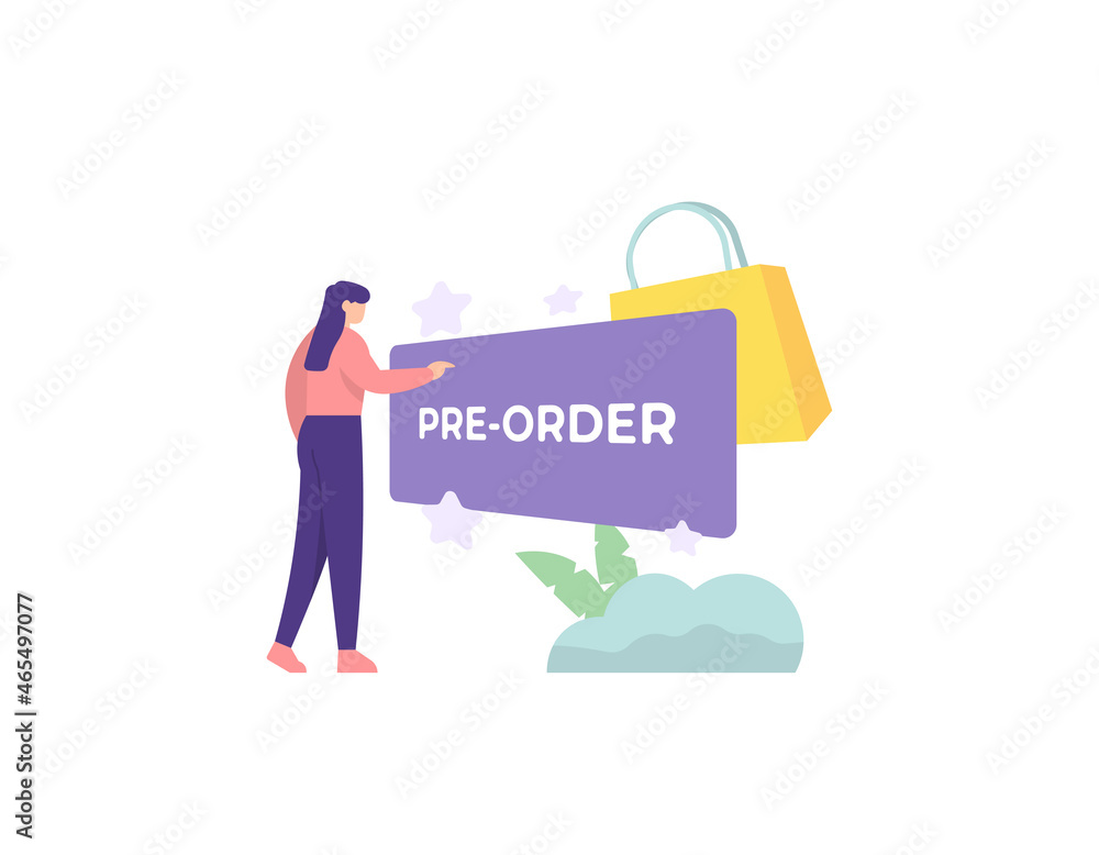 pre order concept. shopping or ordering an item. illustration of a female buyer who wants to touch the pre-order board. flat cartoon style. vector design pre order concept. shopping or ordering an item. illustration of a female buyer who wants to touch the pre-order board. flat cartoon style. vector design