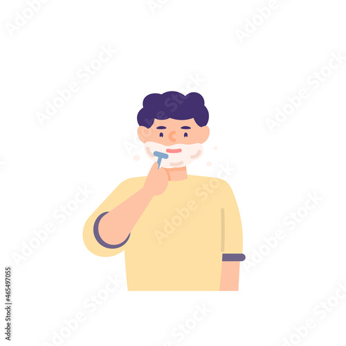 illustration of a man doing shaving his beard. using a shaver and shaving foam. people activity. flat cartoon style. vector design