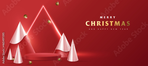 Merry Christmas promotion poster banner with product display cylindrical shape and christmas tree conical shape photo