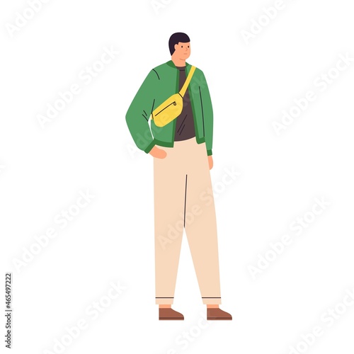 Man walking in casual spring clothes. Guy going with cross-body belt bag, wearing jacket and pants. Person in modern stylish outfit. Colored flat vector illustration isolated on white background