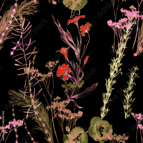 Fototapeta Naklejka Na Ścianę i Meble -  Wildflowers and grass watercolor on black background seamless pattern for all prints.