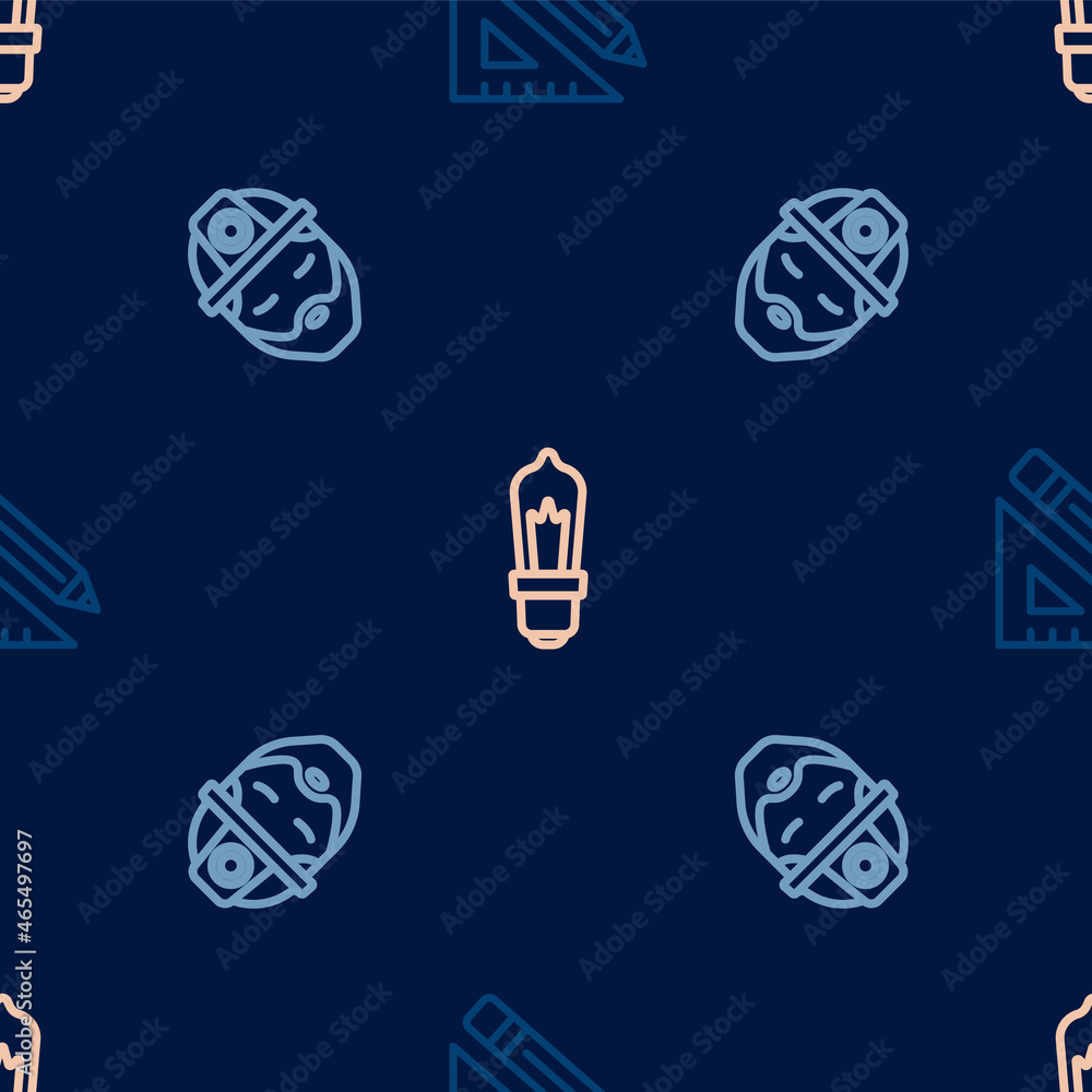 Set line Triangular ruler and pencil, Builder and Light bulb on seamless pattern. Vector Set line Triangular ruler and pencil, Builder and Light bulb on seamless pattern. Vector