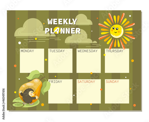 Sun. Weekly planning. Cartoon Hedgehog is holding a pear. Kids organizer with cute funny characters