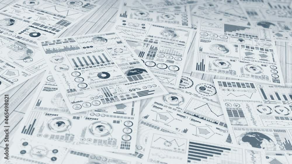 Many documents of business on wooden desk in office. Business concept. Moving graph and chart. Loop animation. Many documents of business on wooden desk in office. Business concept. Moving graph and chart. Loop animation.