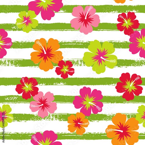 Hibiscus and brushed stripe pattern background.