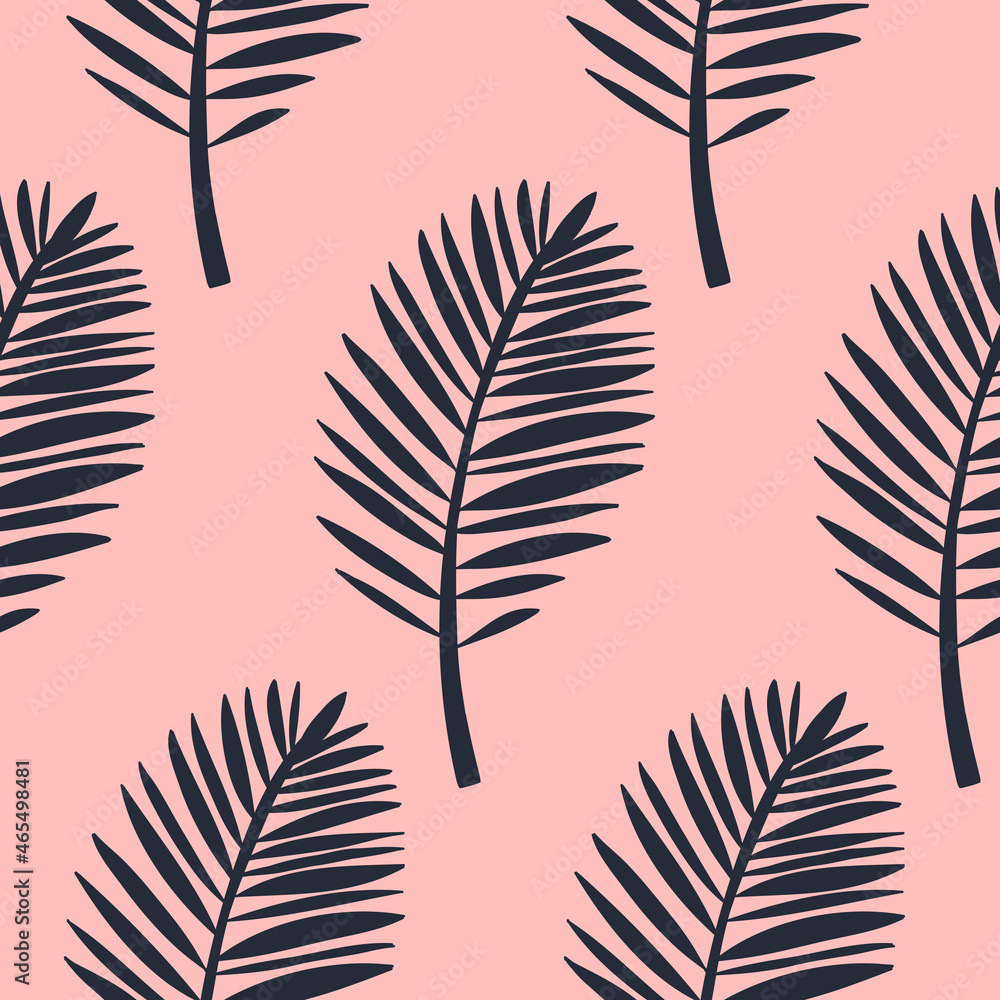 Obraz premium Palm leaf seamless pattern, carved pink gray tropical leaf, vector