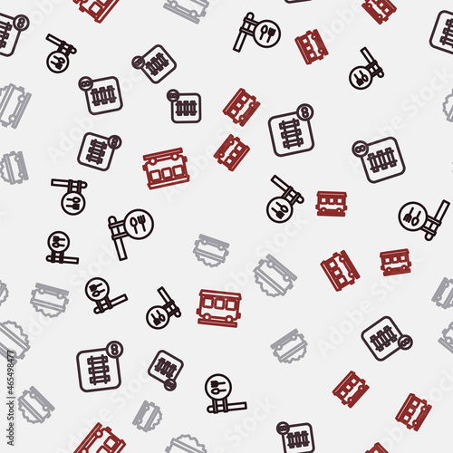 Set line Cafe and restaurant location, Online ticket booking, Coal train wagon and Passenger cars on seamless pattern. Vector