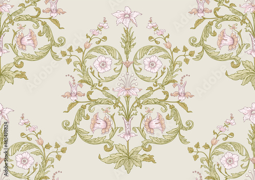 Seamless pattern, background. Colored vector illustration. In baroque, rococo, victorian, renaissance medieval style. In decorative style. Ethnic patterned ornate hand drawn.