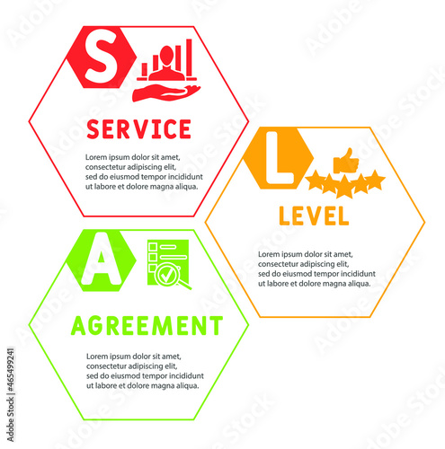 SLA - Service Level Agreement acronym, business concept background. Concept with keywords, letters and icons. Colored flat vector illustration. Isolated on white background.
