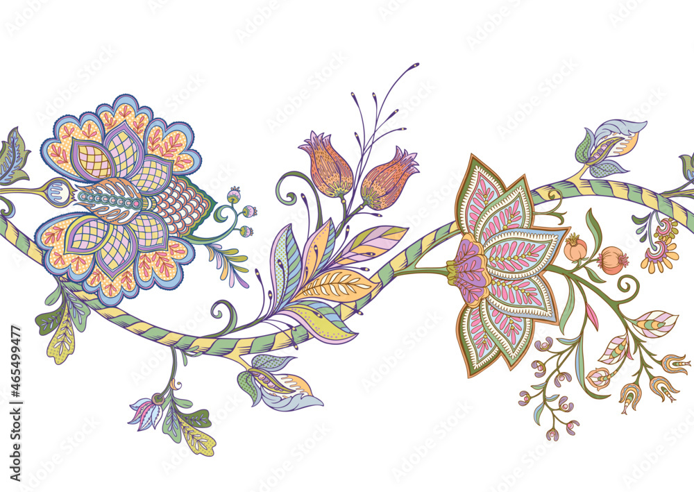 custom made wallpaper toronto digitalSeamless pattern with stylized ornamental flowers in retro, vintage style. Jacobin embroidery. Colored vector illustration isolated on white background.
