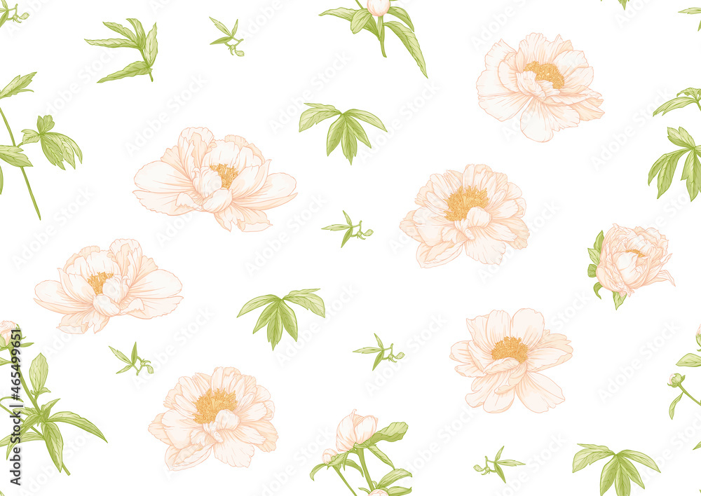 Peonies flowers. Seamless pattern, background. Colored vector illustration. In botanical style In soft orange and green colors.