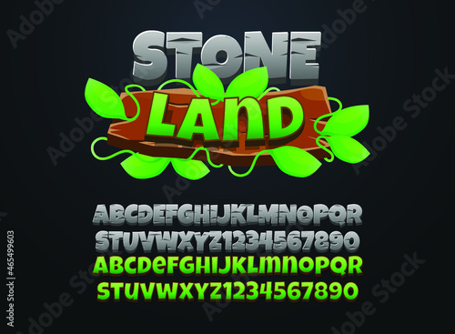 funny cartoon stone land game logo with wooden frame text effect