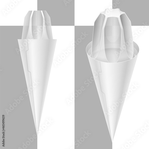 Ice cream cone with high figured domed transparent lid and eyelet. Vector realistic packaging template illustration.
