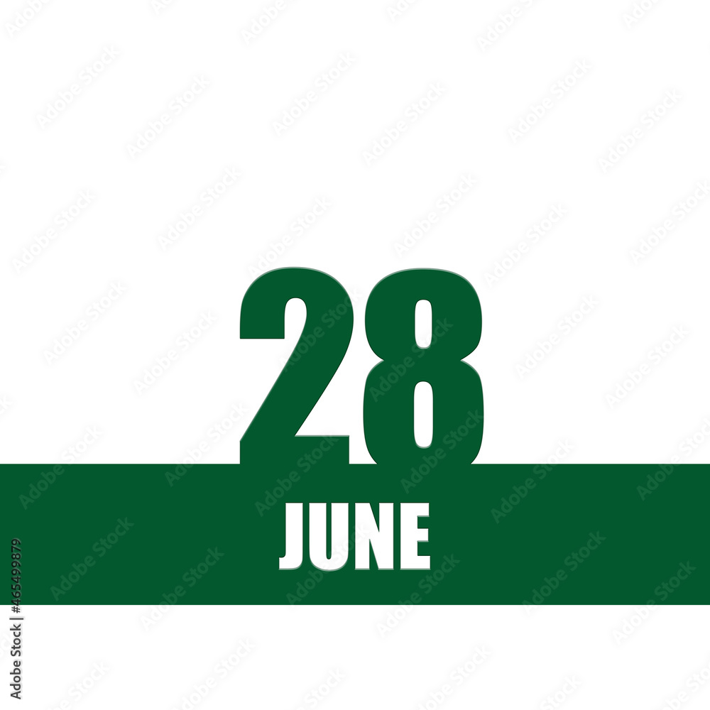 june 28. 28th day of month, calendar date.Green numbers and stripe with white text on isolated background. Concept of day of year, time planner, summer month